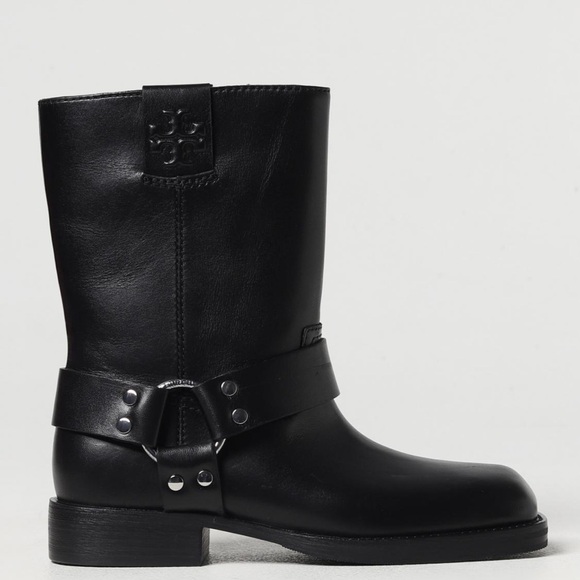 Tory Burch Double T Black Leather MotoBoots 8
